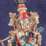 Handcrafted Brass Lord Krishna Statue with Stonework - 25" Height